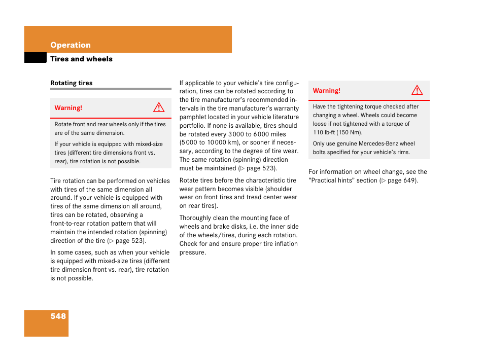 Tires:rotating, Rotating tires | Mercedes-Benz CL-Class 2007 User Manual | Page 551 / 723