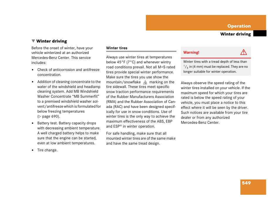 Winter driving, Winter driving:tires, Winter tires | Mercedes-Benz CL-Class 2007 User Manual | Page 552 / 723