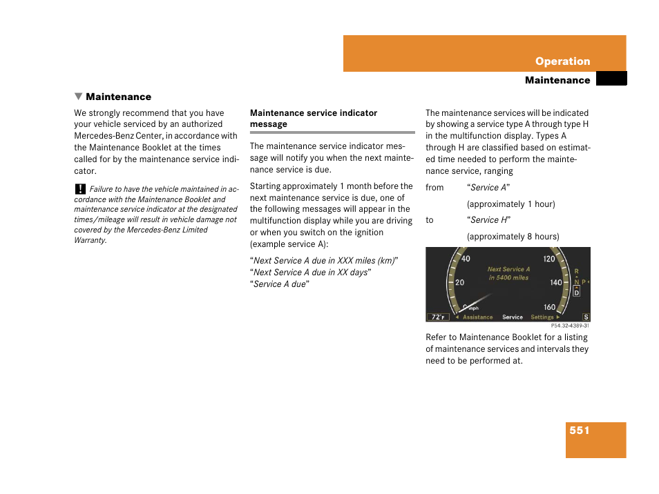 Operation/maintenance, Maintenance:service indicator message, Maintenance | Maintenance service indicator message | Mercedes-Benz CL-Class 2007 User Manual | Page 554 / 723