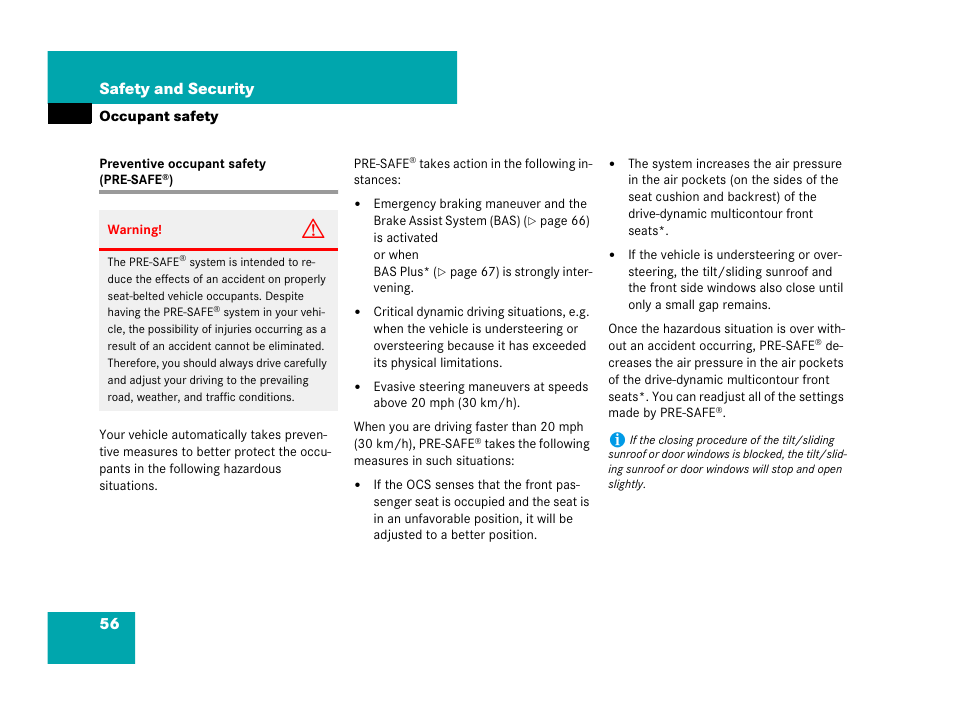 Pre-safe<v_superscript>®<default para font, Preventive occupant safety (pre-safe, 56 safety and security | Mercedes-Benz CL-Class 2007 User Manual | Page 57 / 723