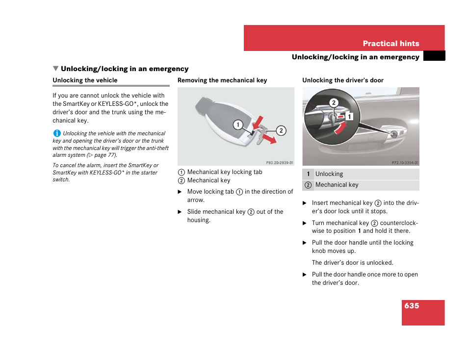 Unlocking/locking in an emergency, Unlocking the vehicle, Er’s door | Mercedes-Benz CL-Class 2007 User Manual | Page 638 / 723