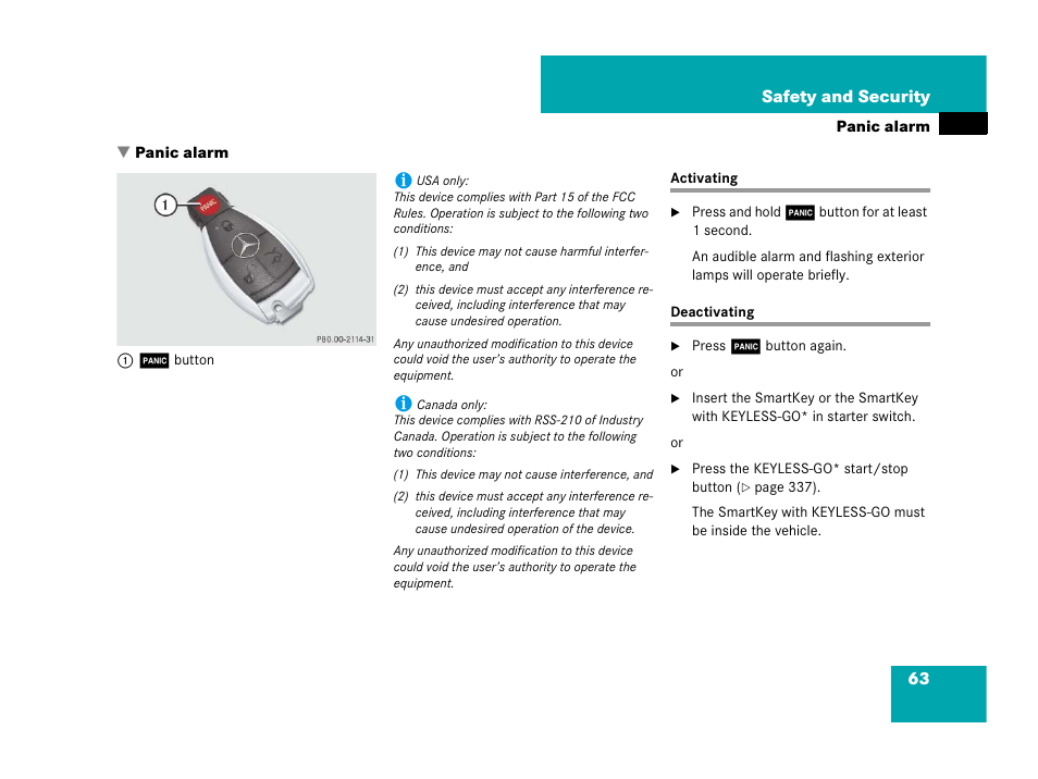 Activating, Deactivating, Panic alarm | Activating deactivating | Mercedes-Benz CL-Class 2007 User Manual | Page 64 / 723