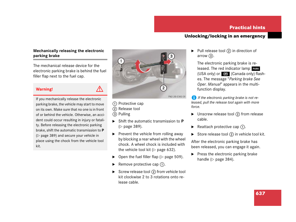 Electronic parking brake:mechanically releasing | Mercedes-Benz CL-Class 2007 User Manual | Page 640 / 723