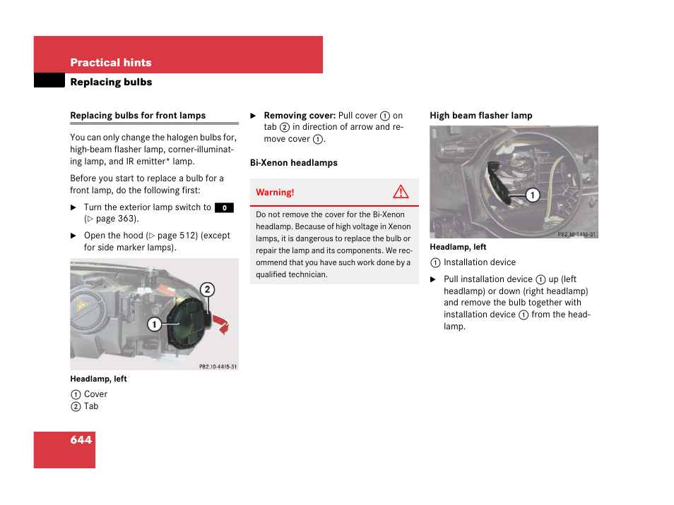 Replacing bulbs for front lamps | Mercedes-Benz CL-Class 2007 User Manual | Page 647 / 723