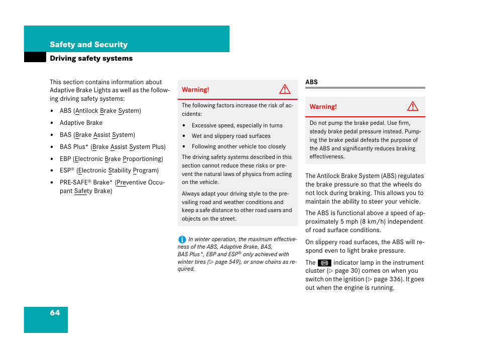 Driving safety systems, 64 safety and security | Mercedes-Benz CL-Class 2007 User Manual | Page 65 / 723