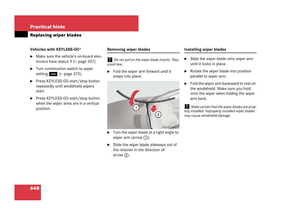 Removing wiper blades, Installing wiper blades, Removing wiper blades installing wiper blades | Mercedes-Benz CL-Class 2007 User Manual | Page 651 / 723