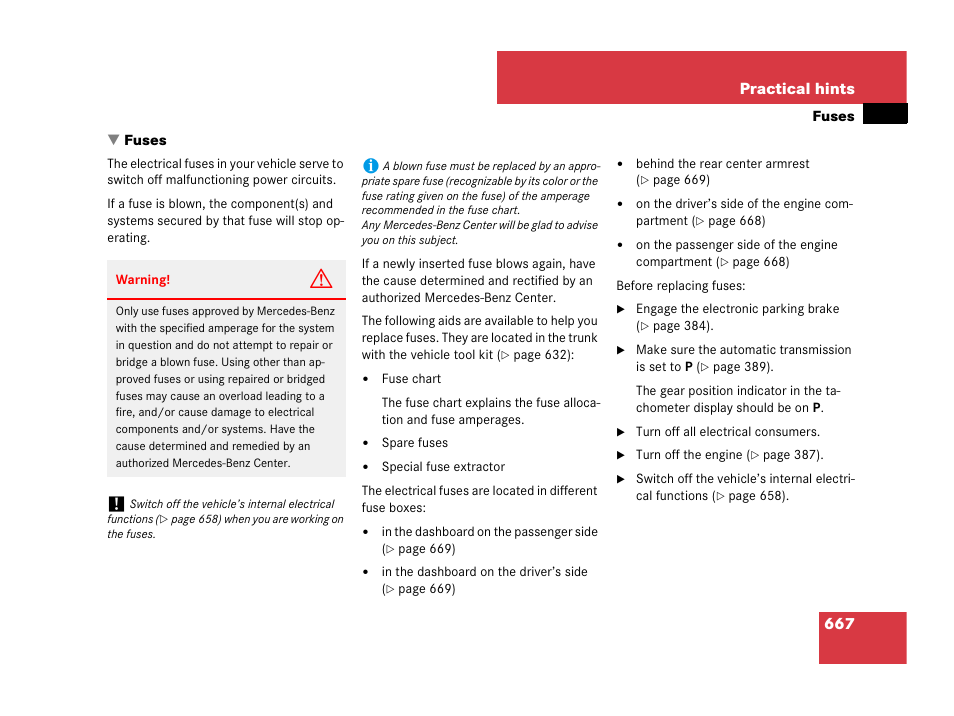 Fuses, 667 practical hints | Mercedes-Benz CL-Class 2007 User Manual | Page 670 / 723