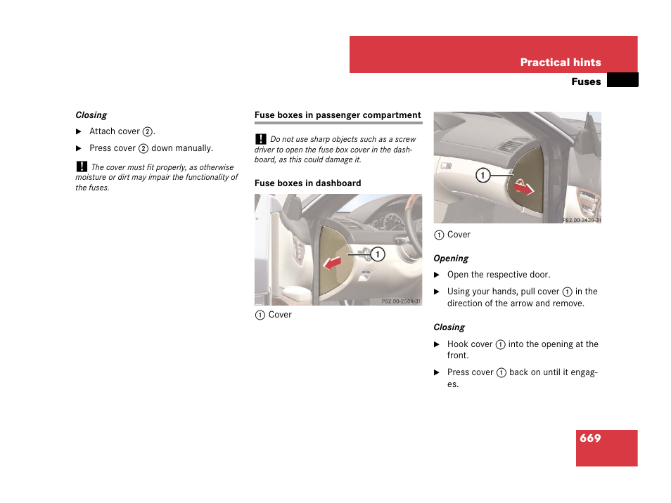 Fuses:fuse box in passenger compartment, Fuse boxes in passenger compartment | Mercedes-Benz CL-Class 2007 User Manual | Page 672 / 723