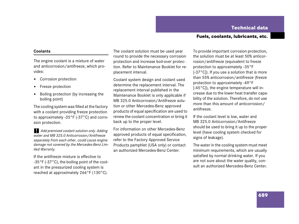 Fluids:engine coolant, Coolants | Mercedes-Benz CL-Class 2007 User Manual | Page 692 / 723