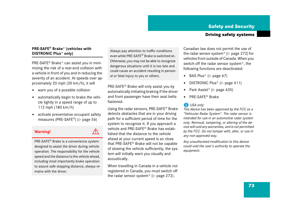 Pre-safe, 73 safety and security | Mercedes-Benz CL-Class 2007 User Manual | Page 74 / 723
