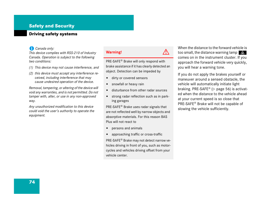 74 safety and security | Mercedes-Benz CL-Class 2007 User Manual | Page 75 / 723