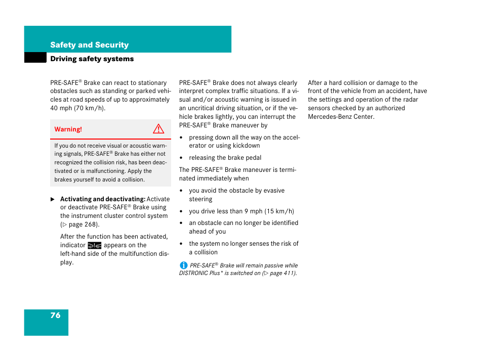 76 safety and security | Mercedes-Benz CL-Class 2007 User Manual | Page 77 / 723