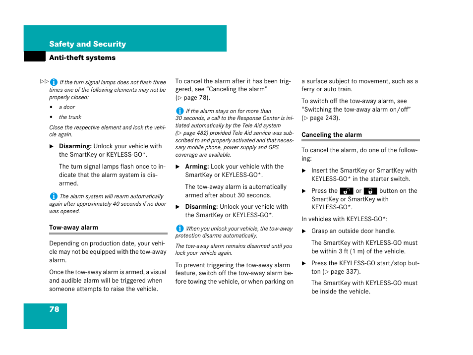 Tow-away alarm, Tow-away alarm canceling the alarm, See “canceling the alarm | Mercedes-Benz CL-Class 2007 User Manual | Page 79 / 723