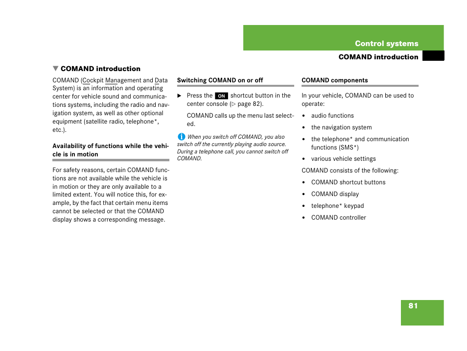 Comand:switching on or off, Comand:components, Comand introduction | Mercedes-Benz CL-Class 2007 User Manual | Page 82 / 723