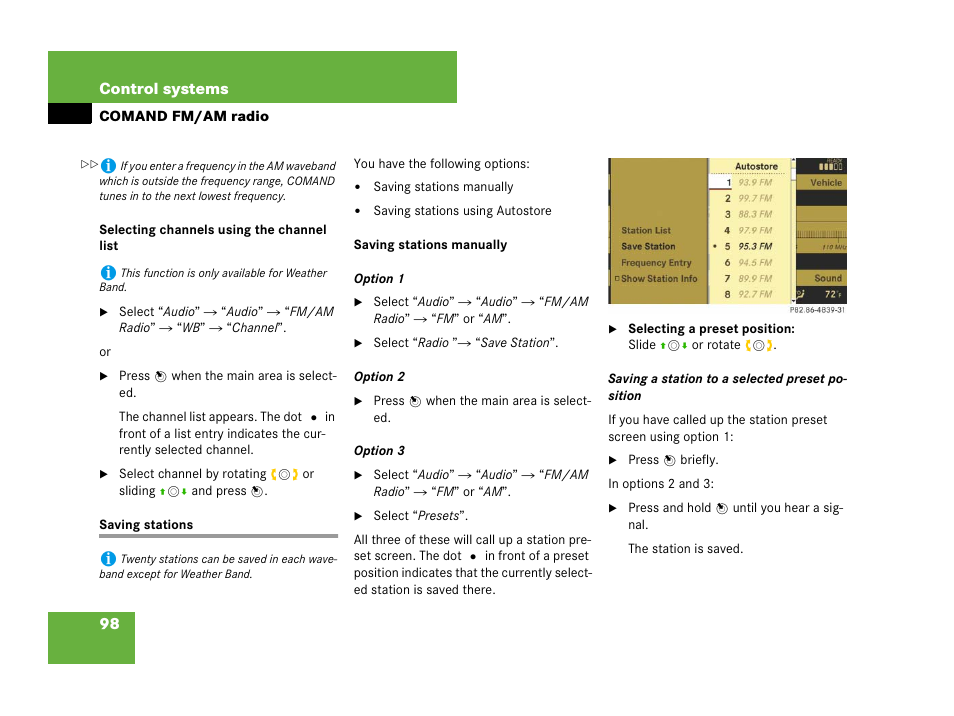 Radio:saving stations, fm/am (comand), Saving stations | Mercedes-Benz CL-Class 2007 User Manual | Page 99 / 723