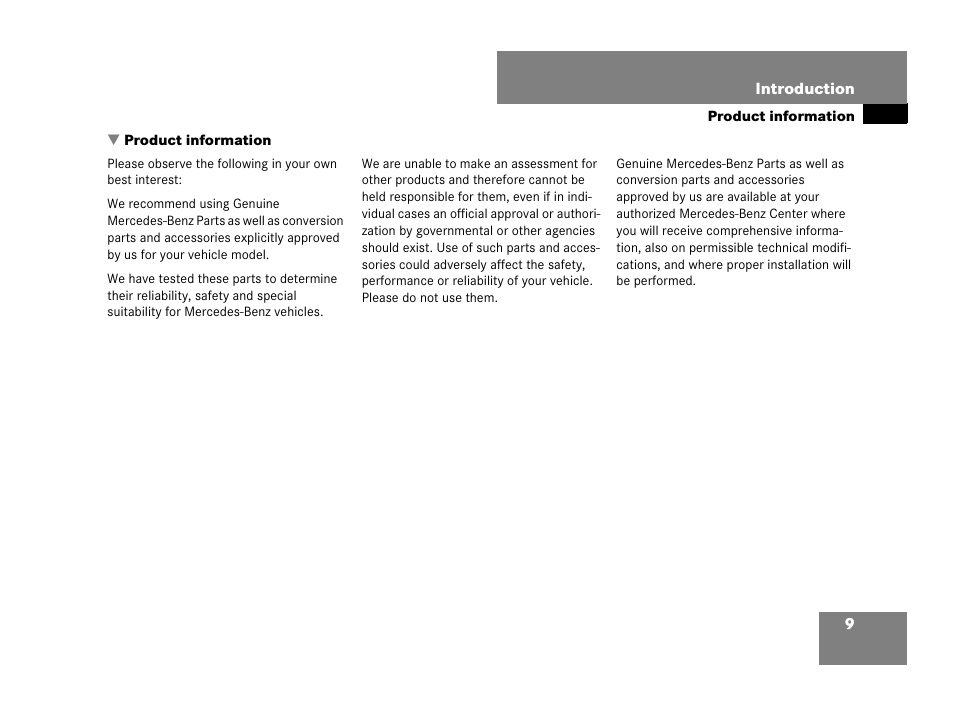 Introduction, Product information | Mercedes-Benz CLK-Class 2007 Owners Manual User Manual | Page 10 / 505