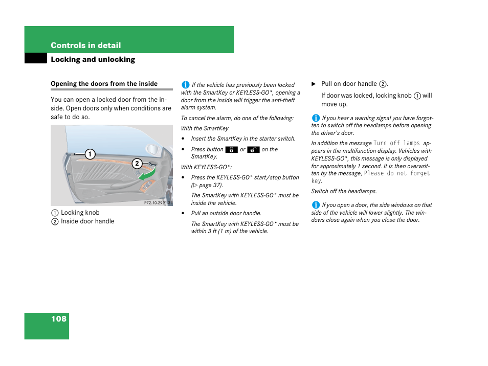 Opening the doors from the inside | Mercedes-Benz CLK-Class 2007 Owners Manual User Manual | Page 109 / 505