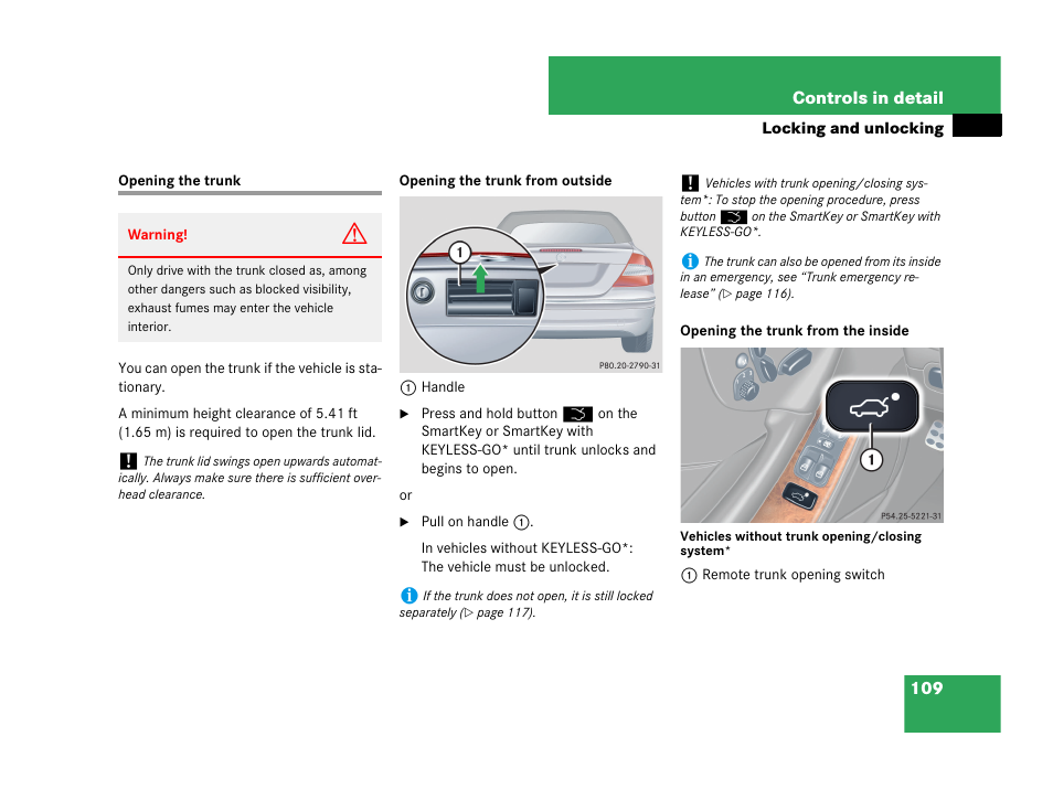 Opening the trunk | Mercedes-Benz CLK-Class 2007 Owners Manual User Manual | Page 110 / 505