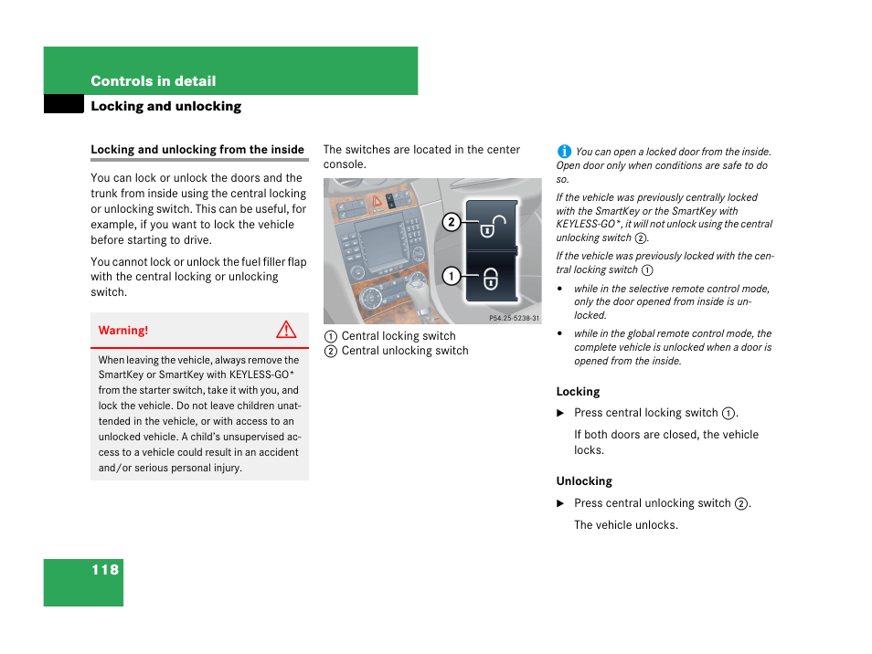 Locking and unlocking from the inside | Mercedes-Benz CLK-Class 2007 Owners Manual User Manual | Page 119 / 505