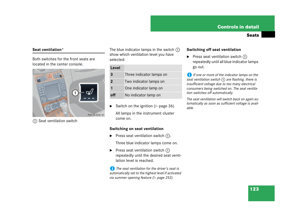 Seat ventilation | Mercedes-Benz CLK-Class 2007 Owners Manual User Manual | Page 124 / 505