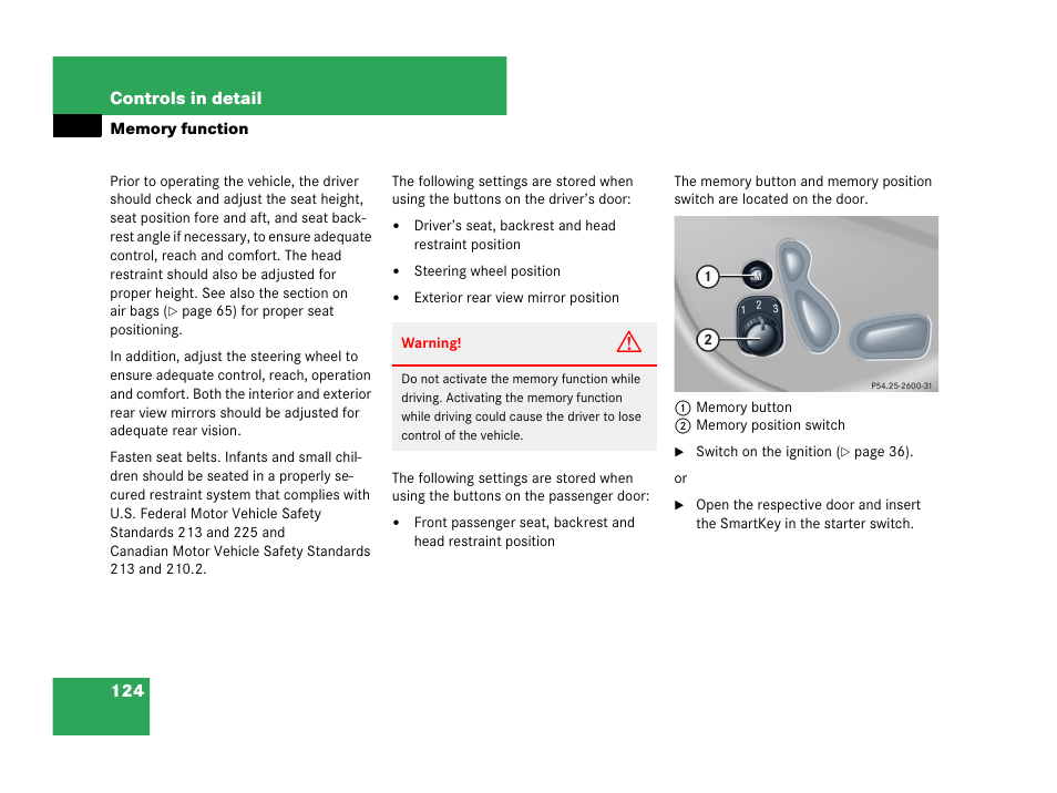 Memory function, Tion | Mercedes-Benz CLK-Class 2007 Owners Manual User Manual | Page 125 / 505