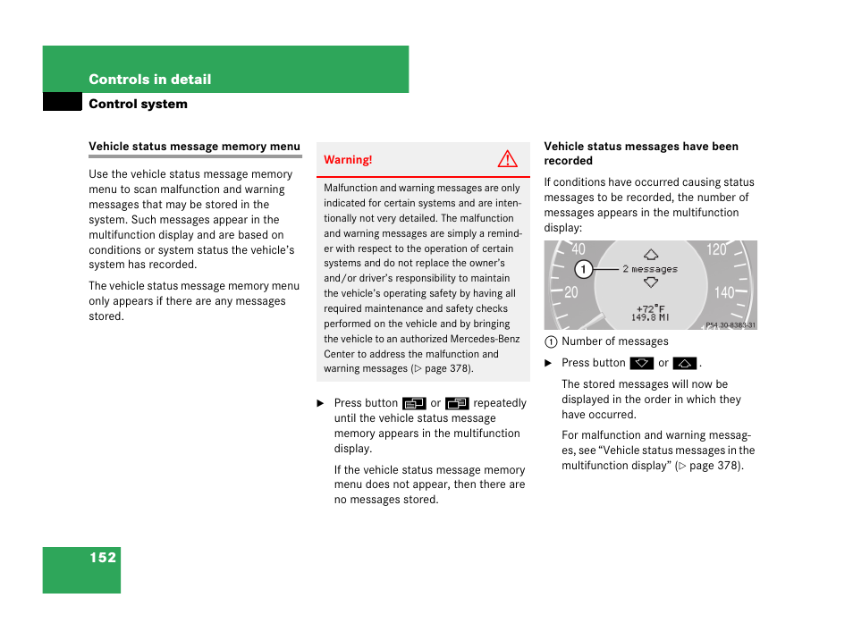 Vehicle status message memory menu | Mercedes-Benz CLK-Class 2007 Owners Manual User Manual | Page 153 / 505