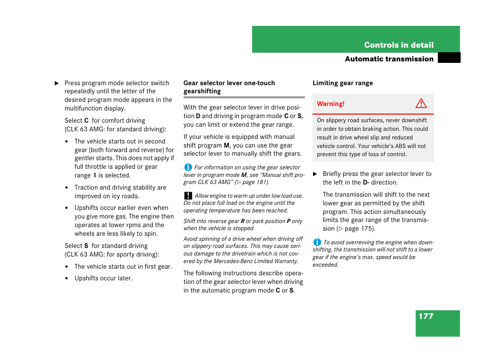 Gear selector lever one-touch gearshifting, Lever | Mercedes-Benz CLK-Class 2007 Owners Manual User Manual | Page 178 / 505