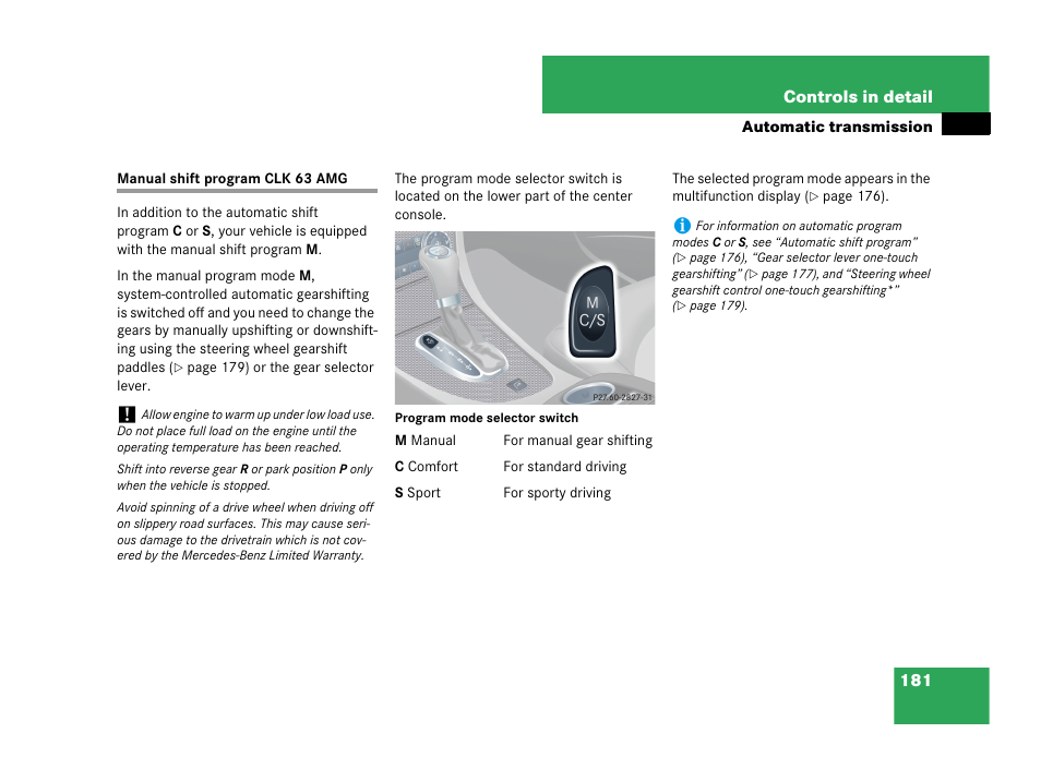 Manual shift program clk 63 amg, See “manual shift pro- gram clk 63 amg | Mercedes-Benz CLK-Class 2007 Owners Manual User Manual | Page 182 / 505