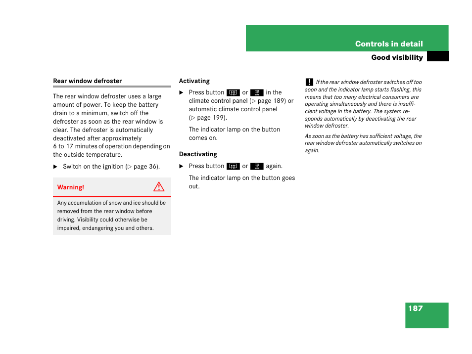 Rear window defroster | Mercedes-Benz CLK-Class 2007 Owners Manual User Manual | Page 188 / 505