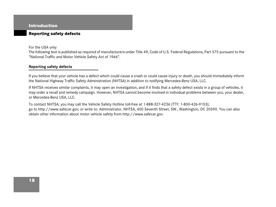 Reporting safety defects | Mercedes-Benz CLK-Class 2007 Owners Manual User Manual | Page 19 / 505