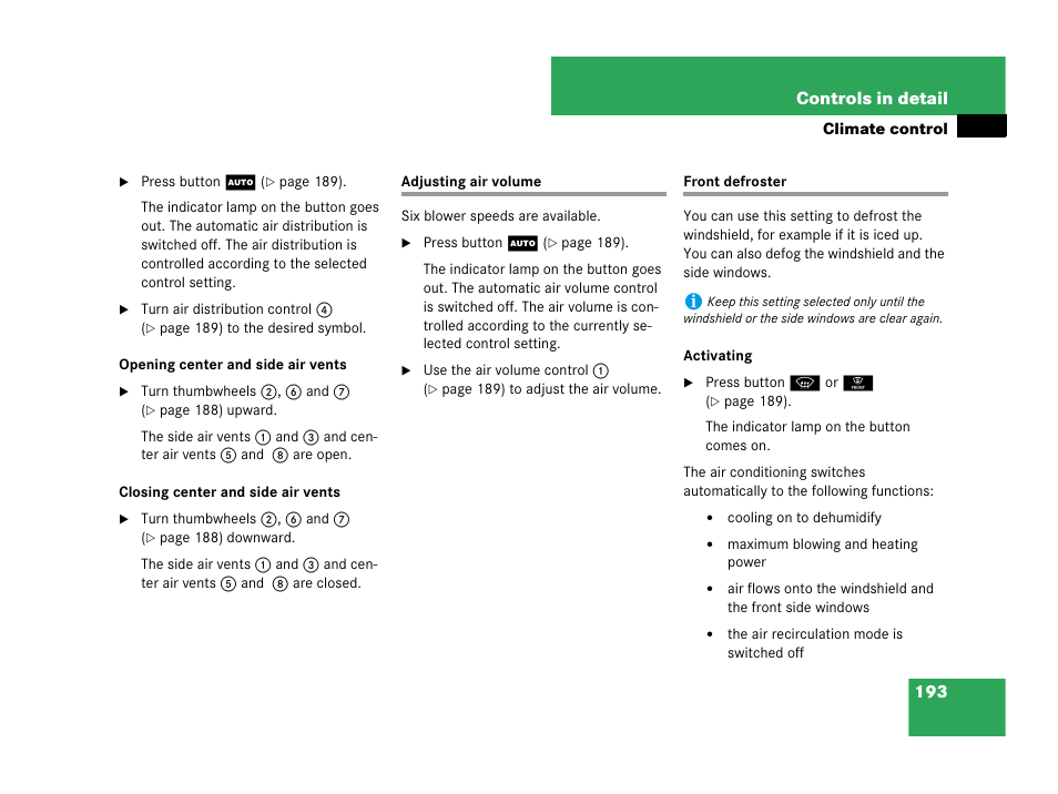 Adjusting air volume front defroster | Mercedes-Benz CLK-Class 2007 Owners Manual User Manual | Page 194 / 505