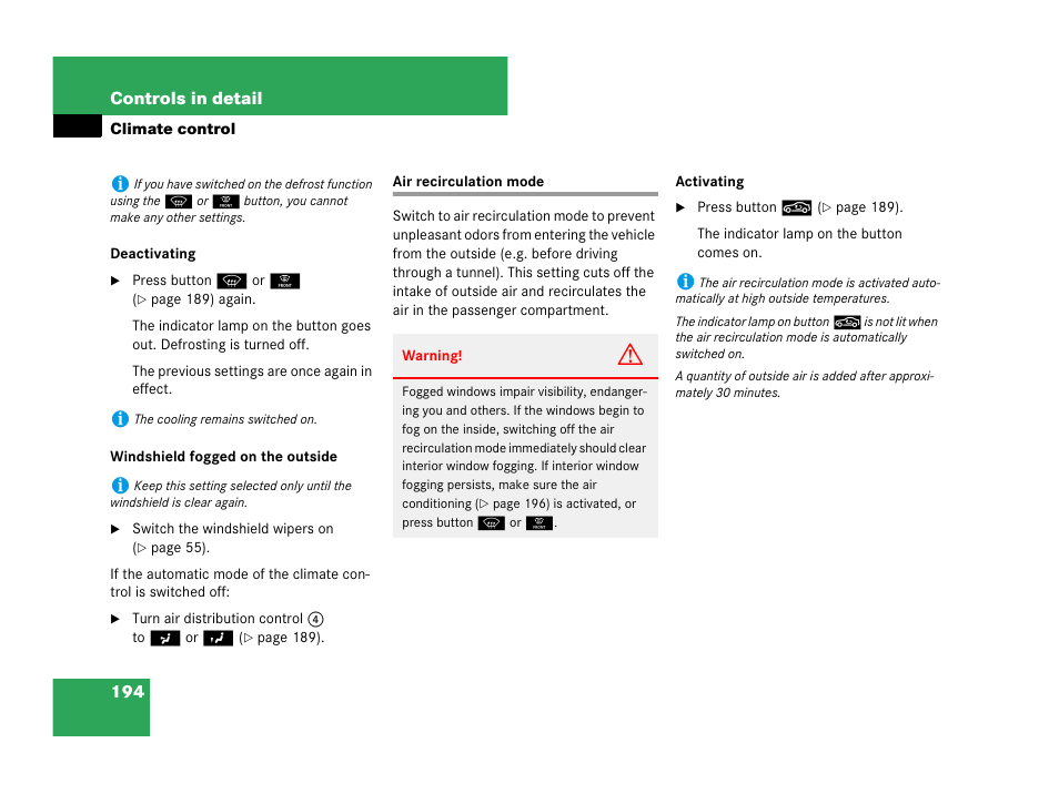 Air recirculation mode | Mercedes-Benz CLK-Class 2007 Owners Manual User Manual | Page 195 / 505