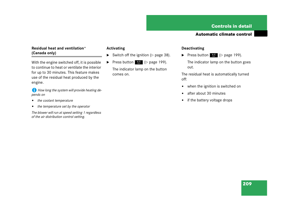 Residual heat and ventilation* (canada only) | Mercedes-Benz CLK-Class 2007 Owners Manual User Manual | Page 210 / 505