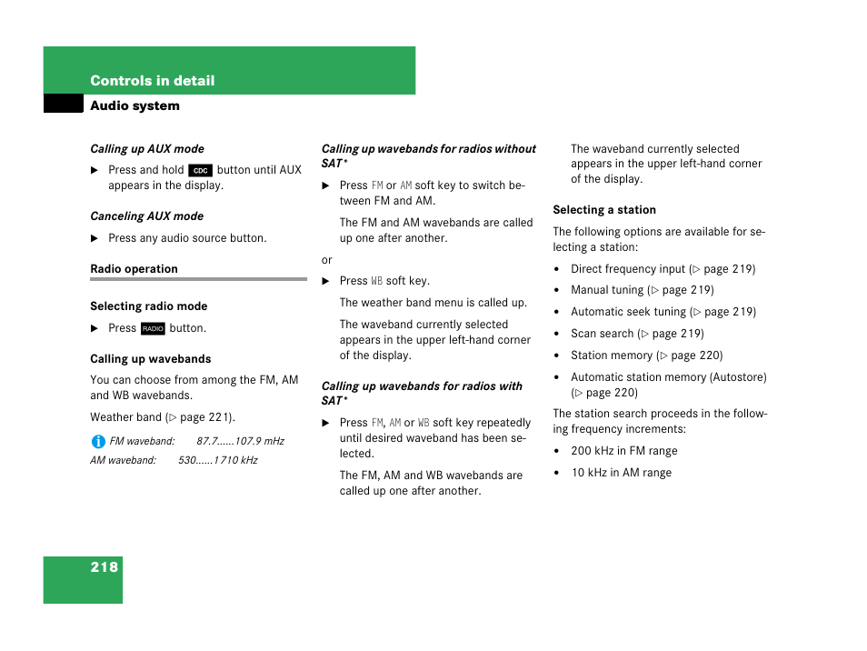 Radio operation, 218 controls in detail | Mercedes-Benz CLK-Class 2007 Owners Manual User Manual | Page 219 / 505