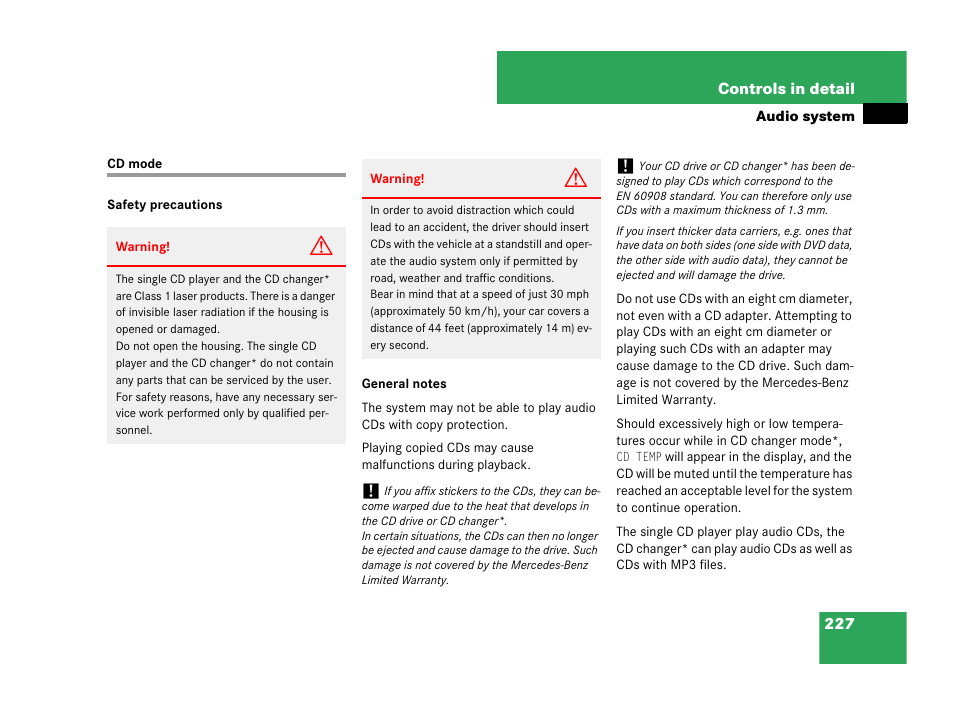 Cd mode, See “cd mode | Mercedes-Benz CLK-Class 2007 Owners Manual User Manual | Page 228 / 505