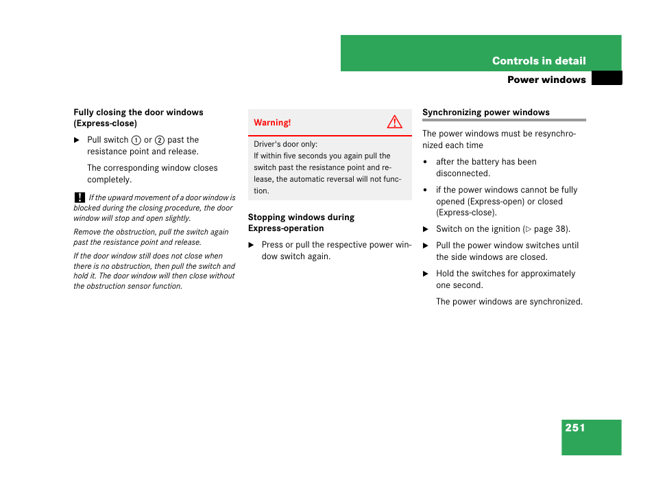 Synchronizing power windows | Mercedes-Benz CLK-Class 2007 Owners Manual User Manual | Page 252 / 505