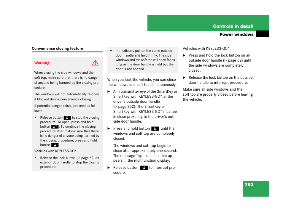Convenience closing feature, 253 controls in detail | Mercedes-Benz CLK-Class 2007 Owners Manual User Manual | Page 254 / 505