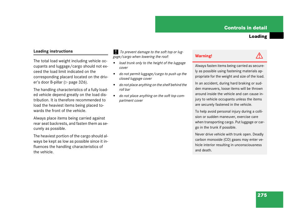 Loading instructions | Mercedes-Benz CLK-Class 2007 Owners Manual User Manual | Page 276 / 505