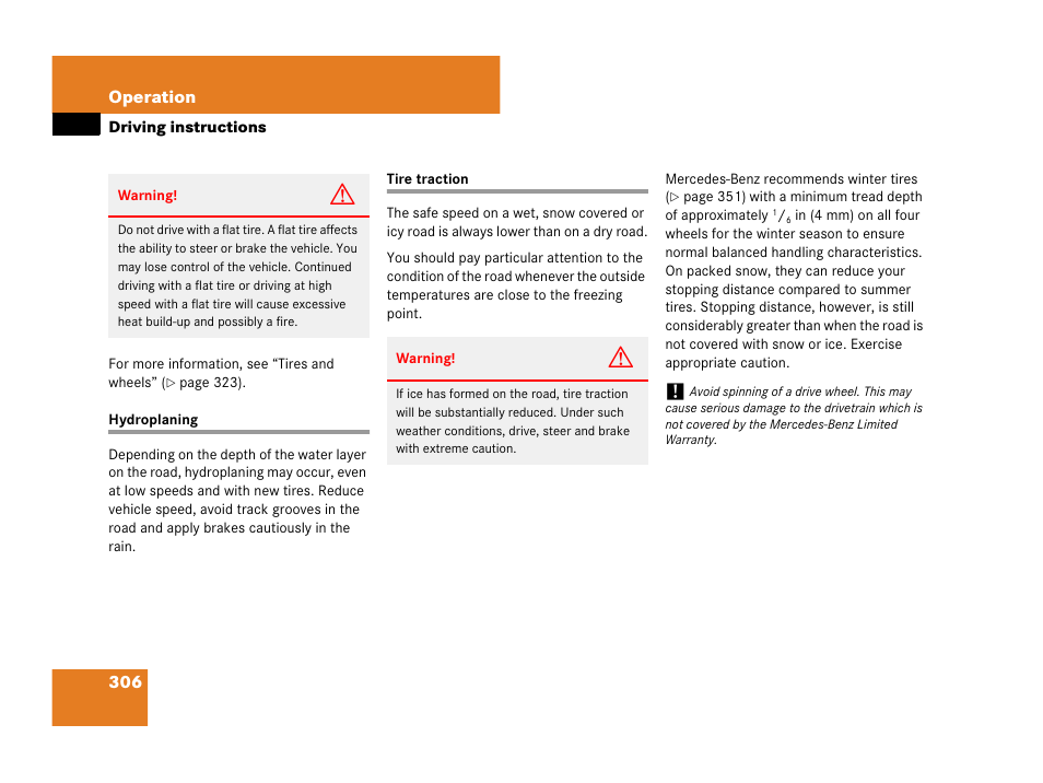 Hydroplaning tire traction | Mercedes-Benz CLK-Class 2007 Owners Manual User Manual | Page 307 / 505