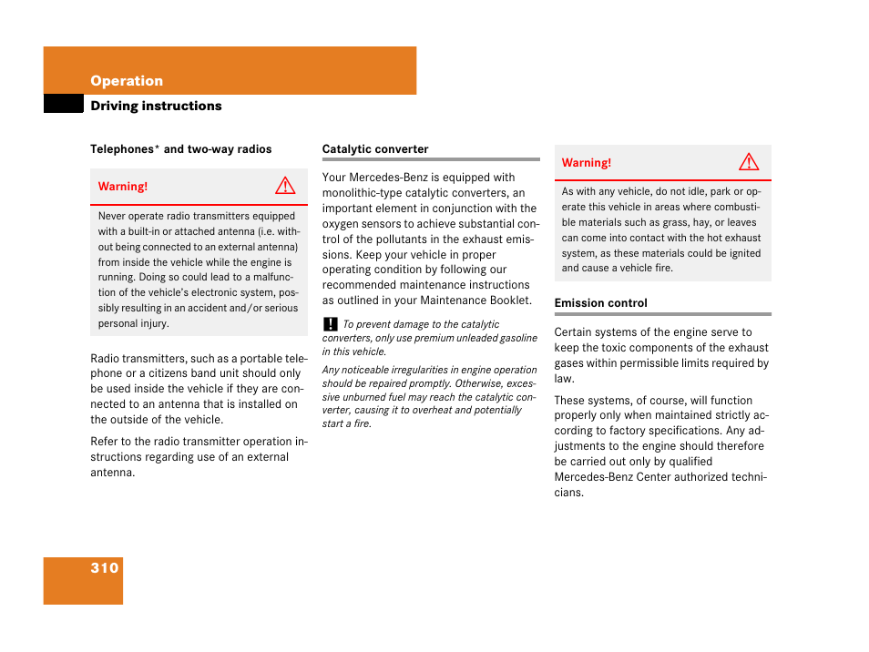Catalytic converter emission control | Mercedes-Benz CLK-Class 2007 Owners Manual User Manual | Page 311 / 505