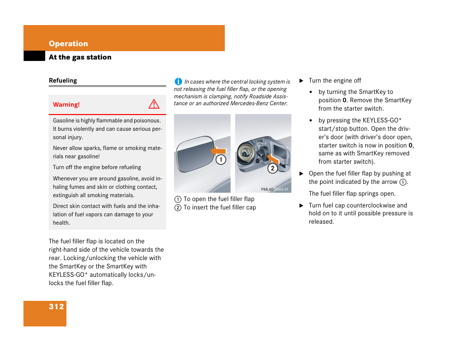 At the gas station, Refueling | Mercedes-Benz CLK-Class 2007 Owners Manual User Manual | Page 313 / 505