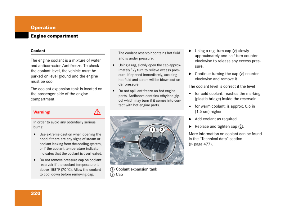 Coolant, See “coolant, 320 operation | Mercedes-Benz CLK-Class 2007 Owners Manual User Manual | Page 321 / 505