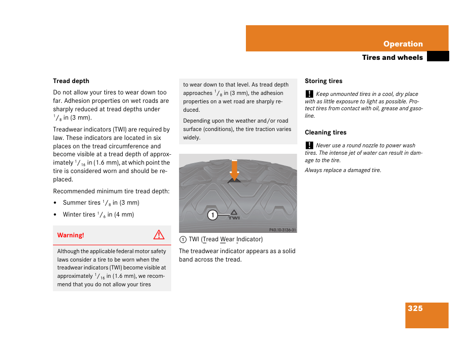 Excessive treadwear, 325 operation | Mercedes-Benz CLK-Class 2007 Owners Manual User Manual | Page 326 / 505