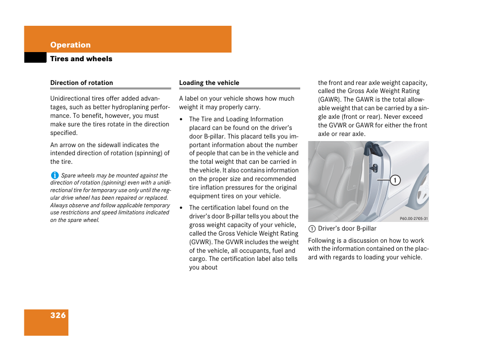 Direction of rotation loading the vehicle | Mercedes-Benz CLK-Class 2007 Owners Manual User Manual | Page 327 / 505