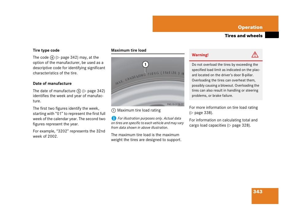 Maximum tire load, So “maximum tire load | Mercedes-Benz CLK-Class 2007 Owners Manual User Manual | Page 344 / 505