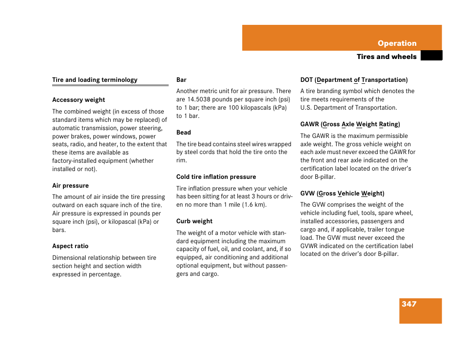 Tire and loading terminology, The gawr | Mercedes-Benz CLK-Class 2007 Owners Manual User Manual | Page 348 / 505