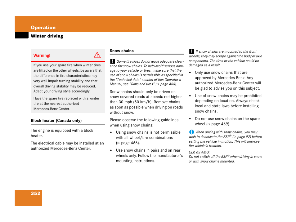 Block heater (canada only) snow chains, See “snow chains, 352 operation | Mercedes-Benz CLK-Class 2007 Owners Manual User Manual | Page 353 / 505