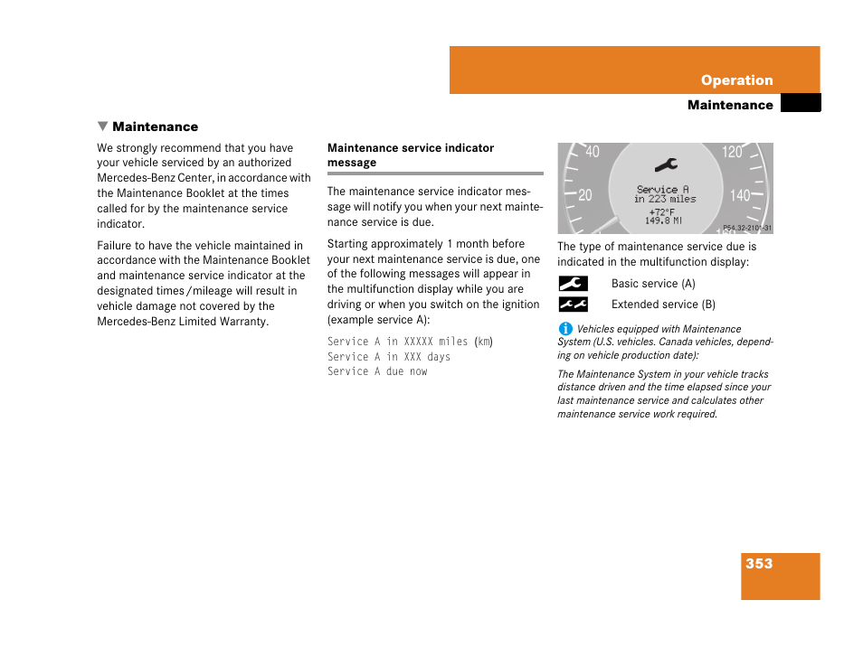 Maintenance, Maintenance service indicator message | Mercedes-Benz CLK-Class 2007 Owners Manual User Manual | Page 354 / 505