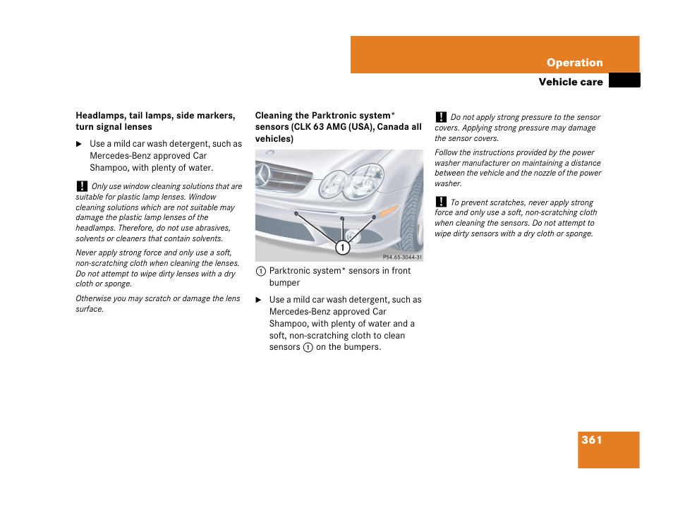 Cleaning the parktronic system* sensors, Clk 63 amg (usa), canada all vehicles) | Mercedes-Benz CLK-Class 2007 Owners Manual User Manual | Page 362 / 505