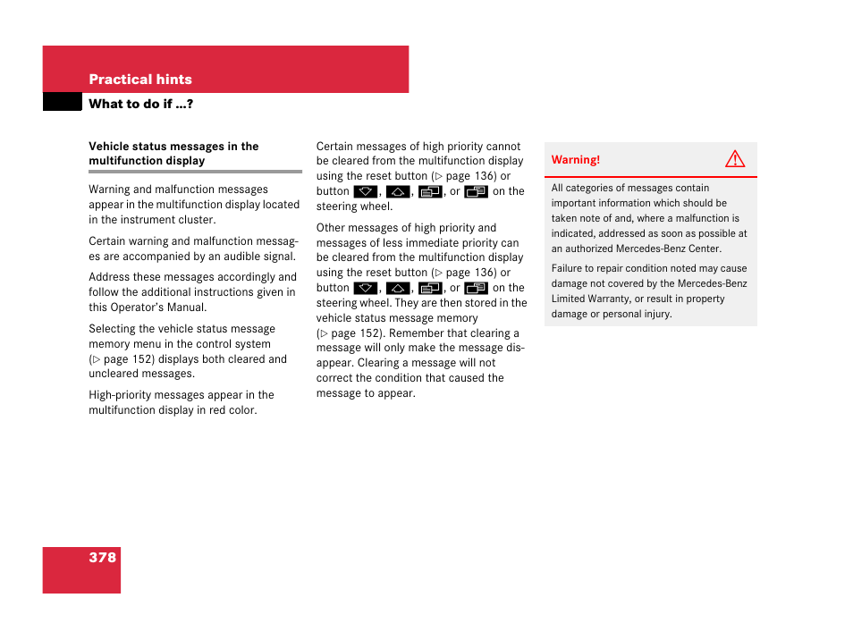 Warning messages | Mercedes-Benz CLK-Class 2007 Owners Manual User Manual | Page 379 / 505